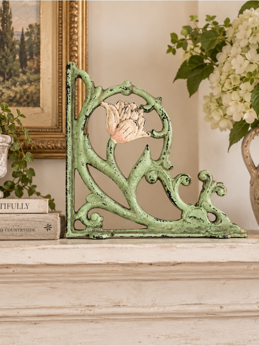 Cast Iron Floral Shelf Bracket Corbel Green Pink Rose Architectural Decor
